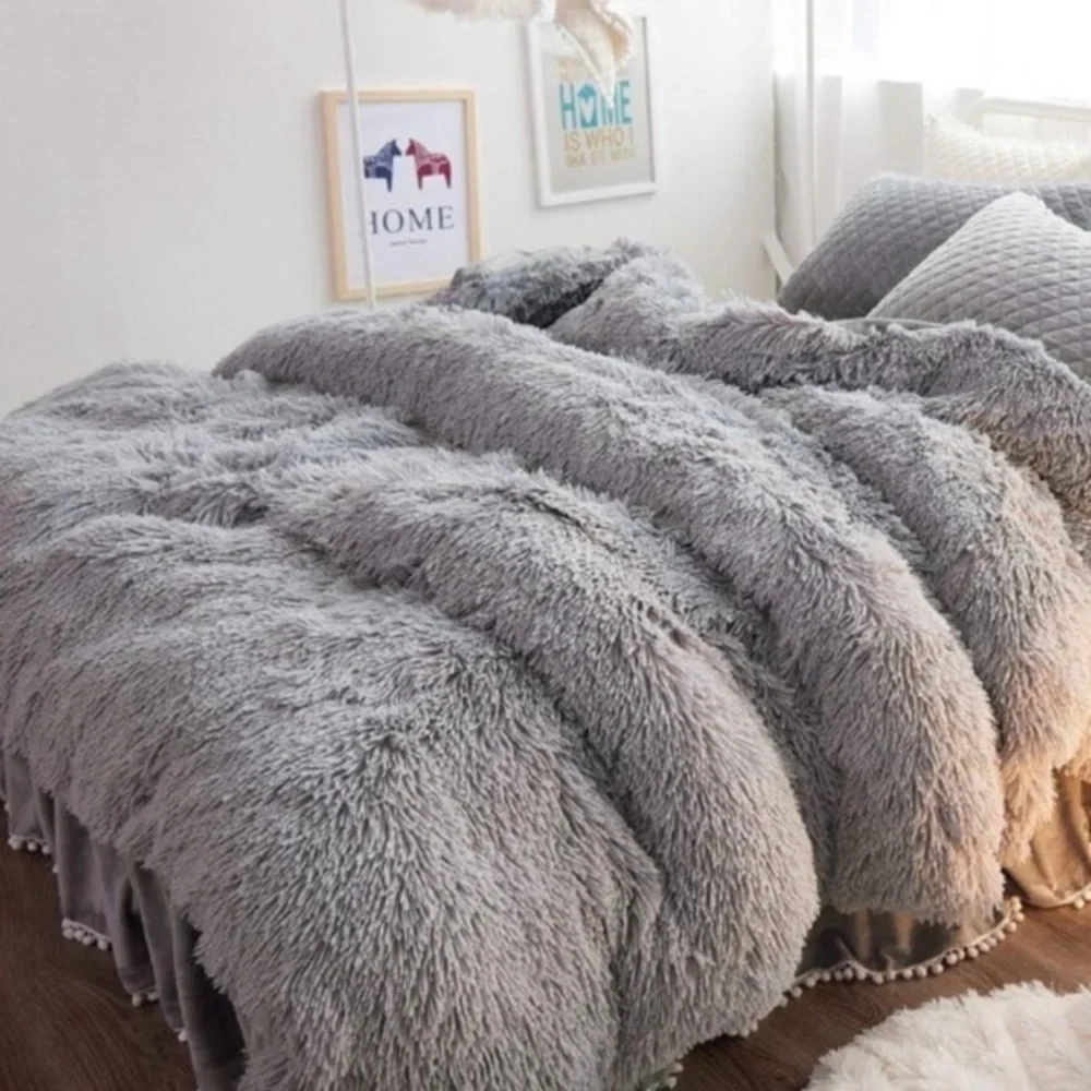 🎀Gray Velvet Faux Fur Duvet Cover Zipper New🎀